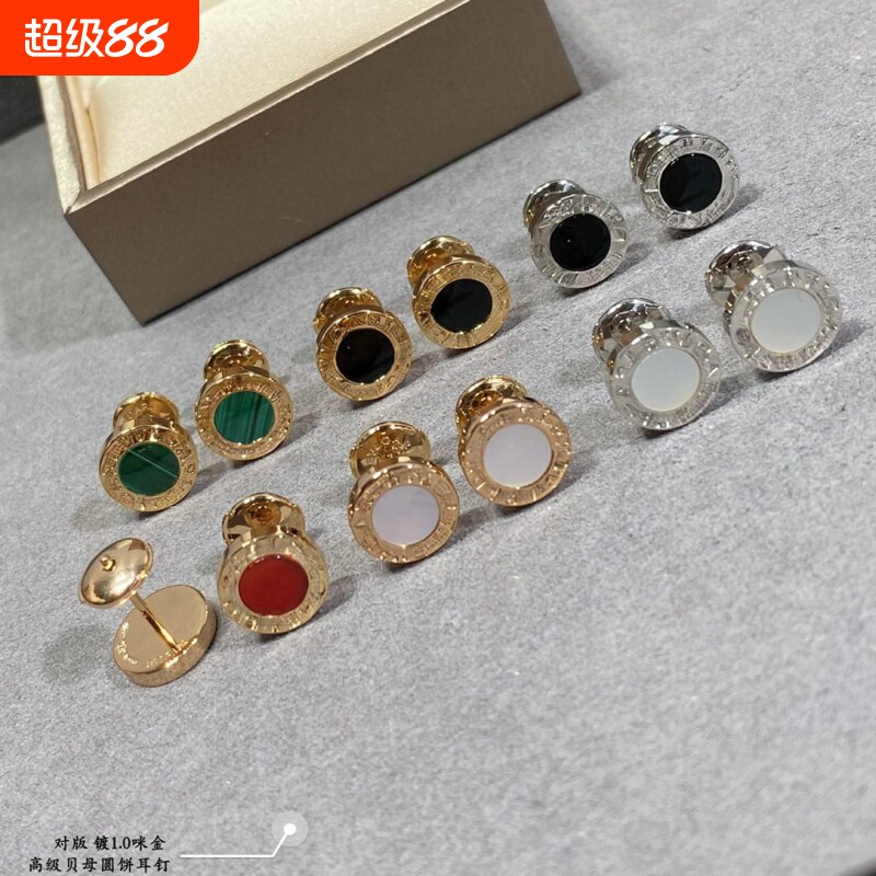玫瑰金新款圆饼耳钉纽扣白贝母耳环黑玛瑙钛钢红玛瑙十字架防过敏