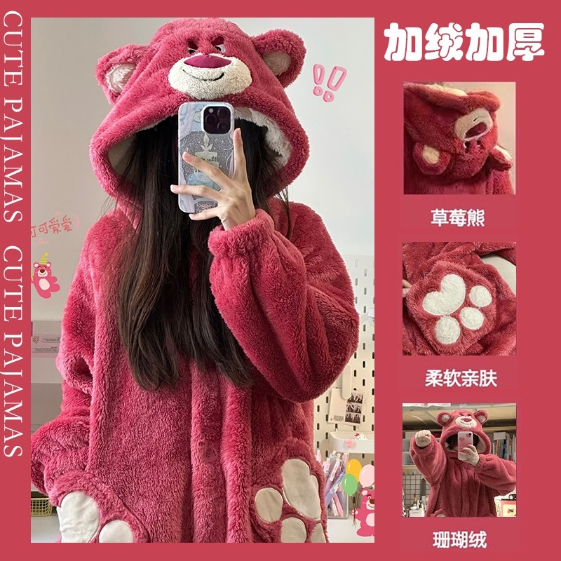 珊瑚绒睡衣睡袍女草莓熊秋冬季2025新款加长加厚家居服可爱款睡裙