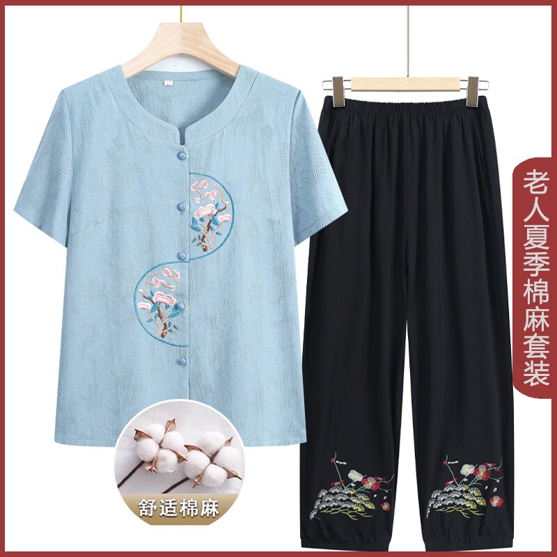 奶奶夏季棉麻套装女中老年人夏装纯棉短袖两件套60岁妈妈绣花上衣