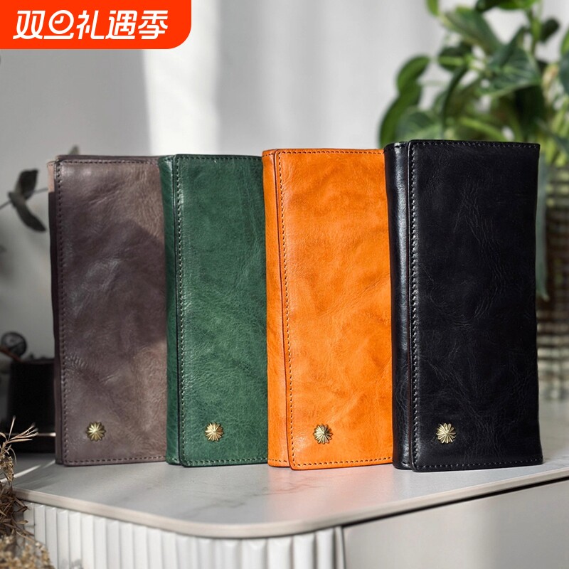 复古男士长款钱包植鞣皮革暗扣钱夹手工个性手机多卡位卡片包证件