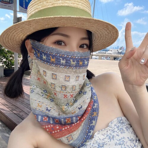 女士夏季新款民族风印花防晒面纱遮脸围脖护颈防紫外线套头面罩