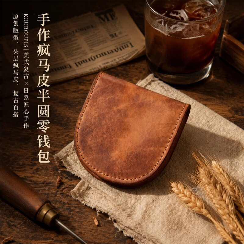 疯马皮半圆零钱包美式复古图片