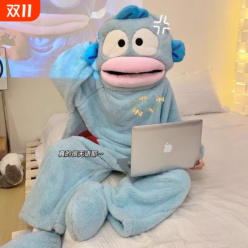 丑鱼睡衣女士秋冬季珊瑚绒加厚加绒男生款情侣大码成人一体式睡袍