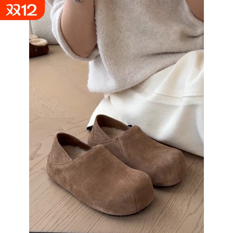 厚底内增高复古全包加绒勃肯鞋女2025秋冬新款一脚蹬保暖单鞋棉鞋