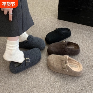 增高厚底勃肯包头半拖鞋女新款法式松糕灰色毛毛拖鞋女外穿穆勒鞋