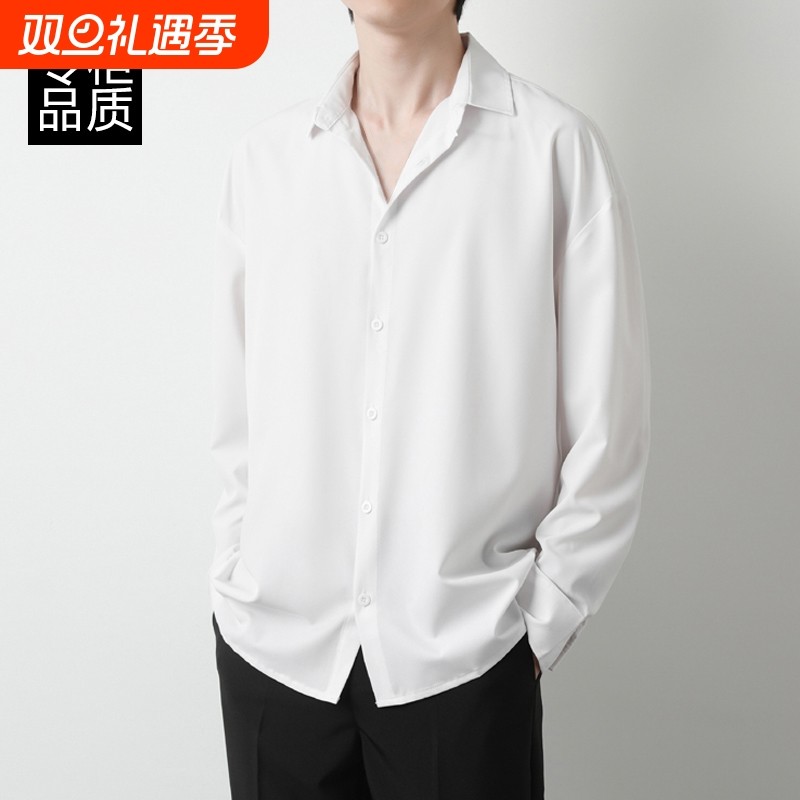 免烫衬衫长袖男士春秋高级感黑色痞帅宽松垂感冬季古巴领白衬衣服