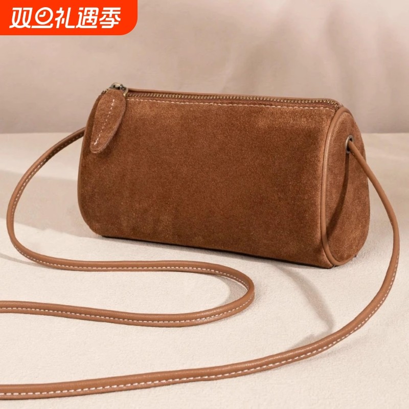 秋冬季小众手机包时尚休闲复古绒面软皮圆筒包水桶包单肩斜跨女包