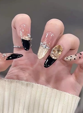 黑色法式猫眼穿戴甲片长款杏仁手工贴钻穿戴甲高级感黑皮正常赫本