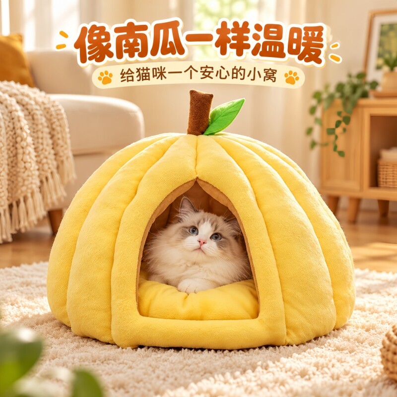 南瓜猫窝蒙古包新款封闭式猫咪帐篷小猫加厚毛绒冬季保暖深睡窝