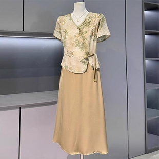 2025新款 洋氣媽媽國風(fēng)印花連衣裙中年女夏裝 中老年氣質(zhì)假兩件裙子
