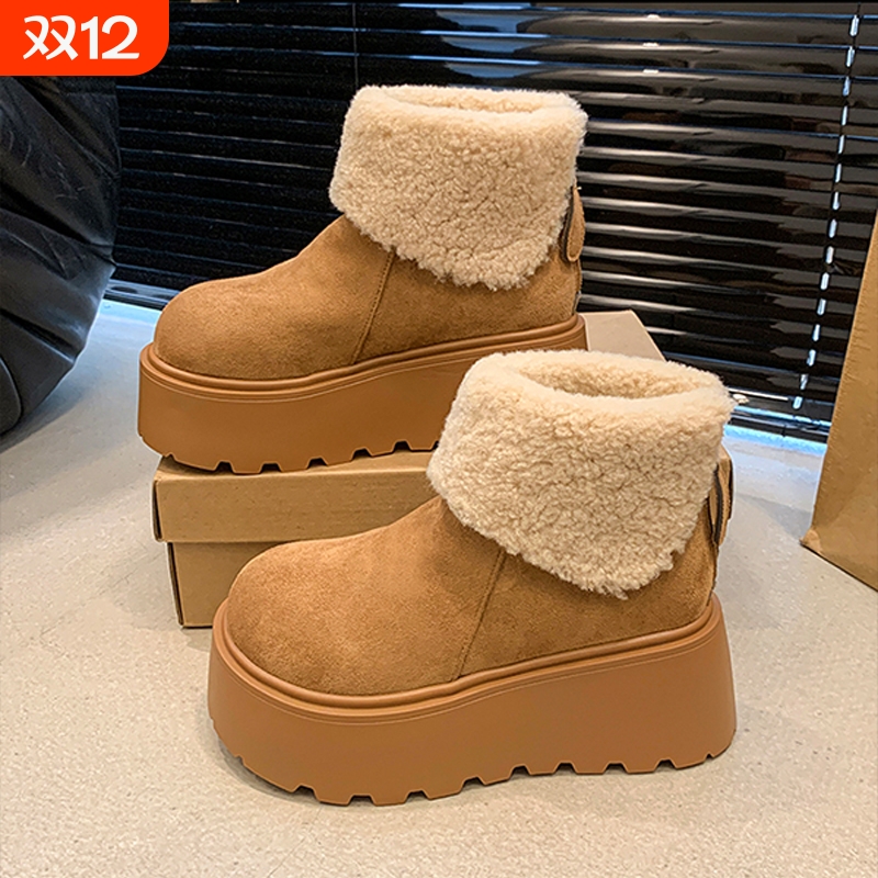厚底增高雪地靴女2025新款冬季加绒保暖毛毛短靴丑萌大头棉鞋白色