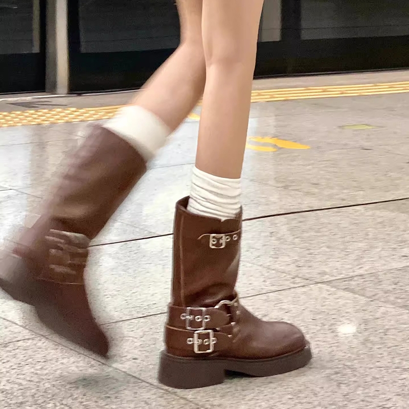 马丁靴女美拉棕色短靴2025新款秋夏西部牛仔靴子骑士靴中筒黑色