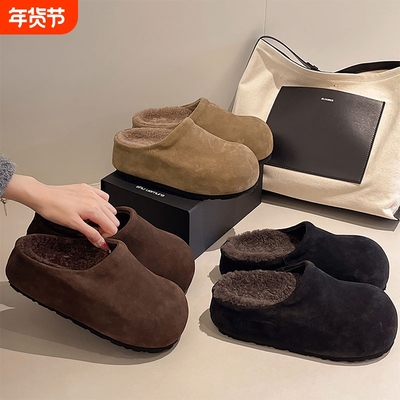 黑色复古防滑厚底加绒半拖勃肯鞋女2025新款秋冬增高包头棉拖鞋子