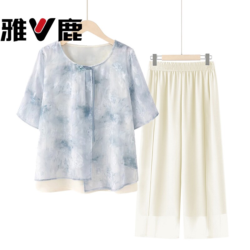 雅鹿妈妈夏装短袖t恤套装洋气中老年人女装夏季新中式小衫T恤衣服