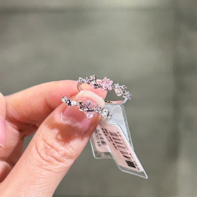 粉色锆石五角星爱心戒指清新春色甜美时尚设计感小众闺蜜指环奢华