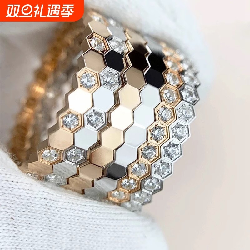 蜂巢戒指窄版镀18k蜂窝彩金指环韩版潮人时尚饰品满钻情侣送礼指