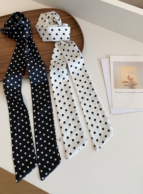 韩系黑白波点丝巾小长条发带女春秋围巾飘带绑包系脖领巾头巾腰带