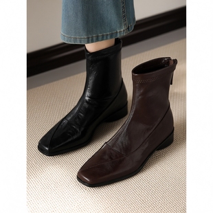 羊皮小短靴女2025年秋冬新款真皮气质方头软底平底瘦瘦靴女粗跟