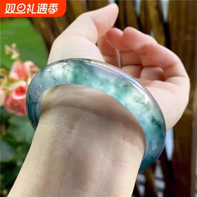 女款天然飘花冰种和田玉手镯金丝玉翡翠色玉手镯正品新疆玉髓镯子