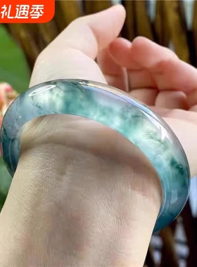 女款天然飘花冰种和田玉手镯金丝玉翡翠色玉手镯正品新疆玉髓镯子