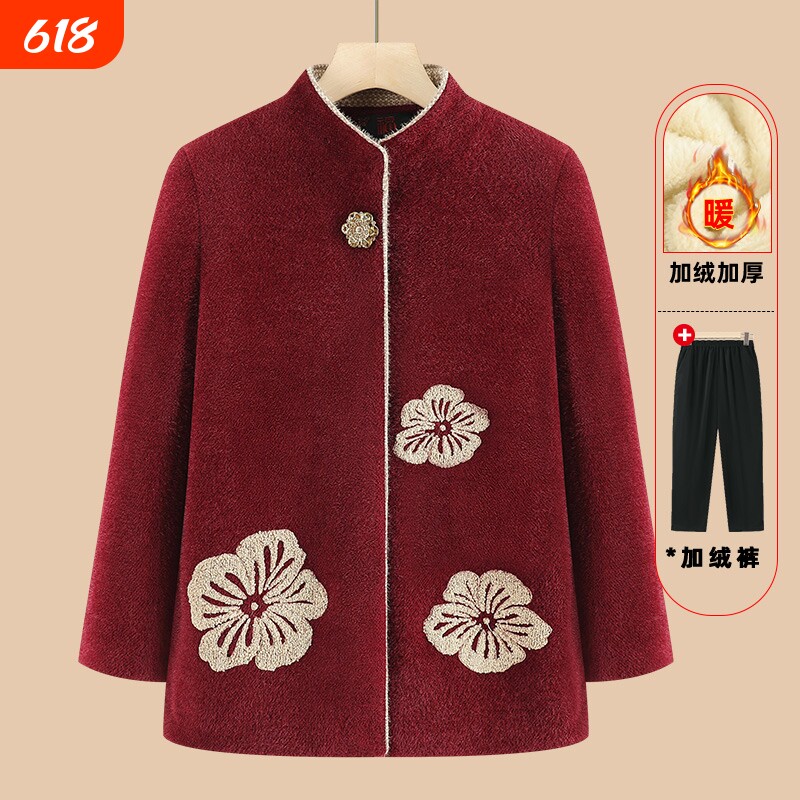 中老年人奶奶外套女妈妈冬装加绒加厚水貂绒上衣老人毛呢衣服红色