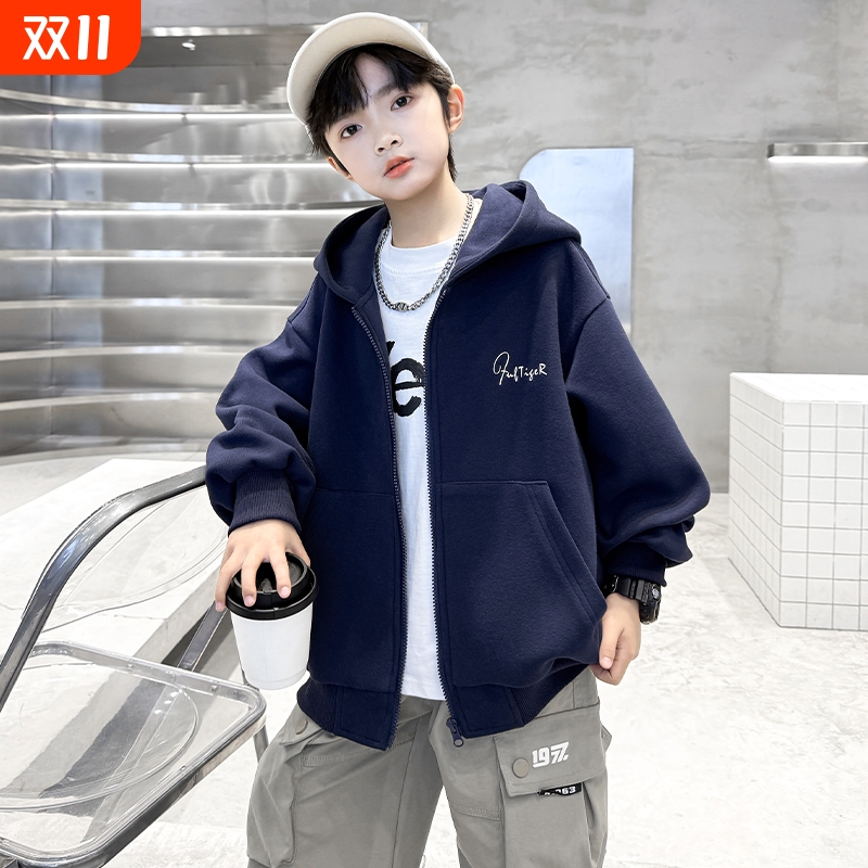 男童外套春秋款2025中大儿童春季上衣男孩春装卫衣开衫潮休闲灰色