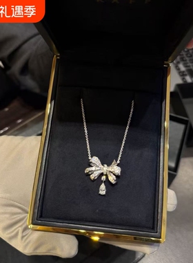 全新超闪高定培育钻格拉芙蝴蝶结项链18K白金满钻水滴钻石锁骨链
