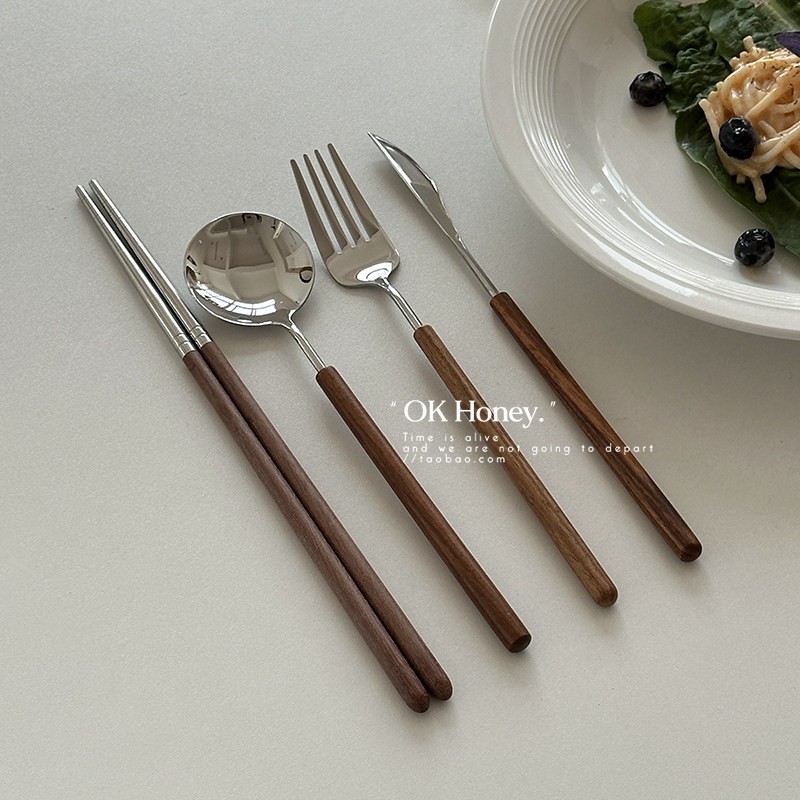 北欧ins风花梨木西餐刀叉勺304不锈钢高档餐具意面牛排细柄勺筷,餐饮具,西餐餐具套装,淘宝优惠券,粉丝福利购,淘宝优惠卷