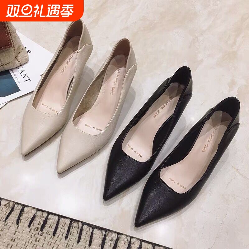 不累脚高跟鞋细跟新款法式通勤工作职业黑色单鞋软皮女鞋春2025年