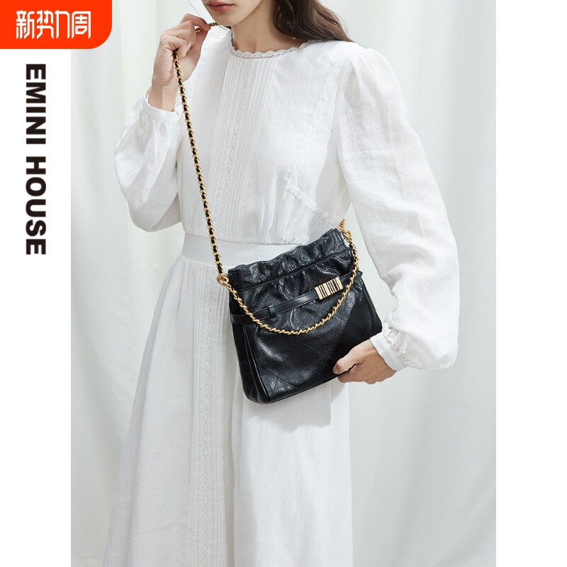 EMINI HOUSE/伊米妮小香风头层油蜡皮菱格绣花时尚大容量