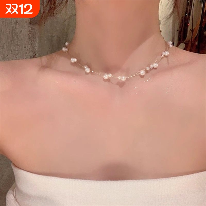 韩系双层珍珠满天星项链女高级感轻奢小众颈链配饰锁骨链choker