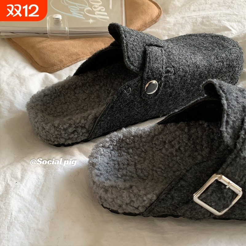 真的好爱灰色~毛毛拖鞋女外穿厚底勃肯棉鞋冬防滑包头半拖鞋