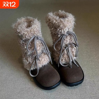 复古厚底棕色靴子加绒加厚短靴女款2025冬季新款保暖毛毛鞋雪地靴