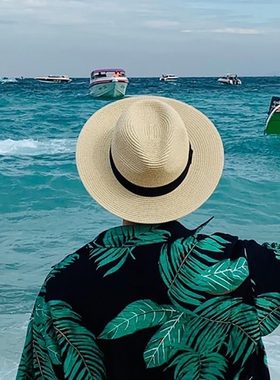 夏季帽子巴拿马草帽法式帽男士高档户外遮阳防晒帽款白色大檐黑色