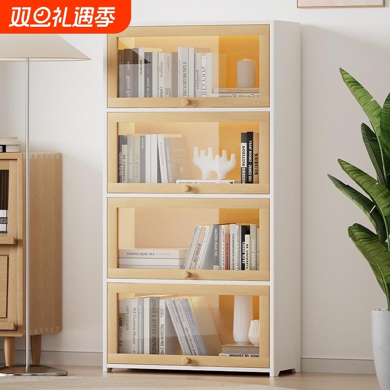 书架落地置物架一体靠墙客厅多层储物柜收纳展示柜防尘实木书柜子