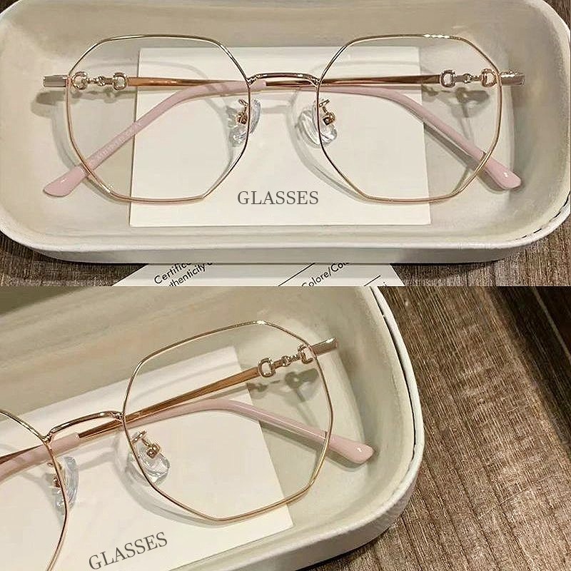 小红书同款素颜近视眼镜女复古金丝多边形防蓝光平光镜百搭显脸小