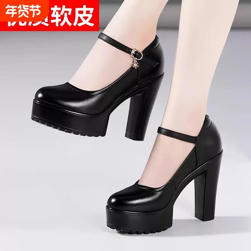 超高跟12cm旗袍走秀鞋女粗跟厚底防水台圆头真皮大码单鞋白色黑色