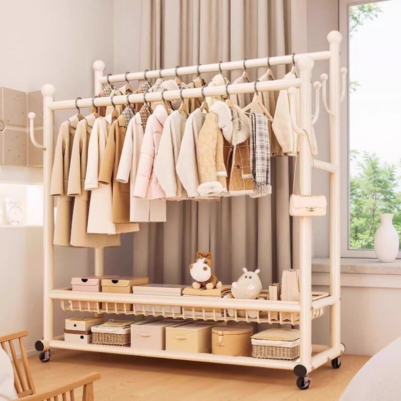 晾衣架落地卧室家用可移动挂衣架子室内房间衣服收纳架双杆衣帽架