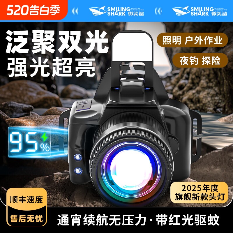 微笑鲨2025新款变焦头灯钓鱼专用头戴式强光充电超亮户外感应赶海