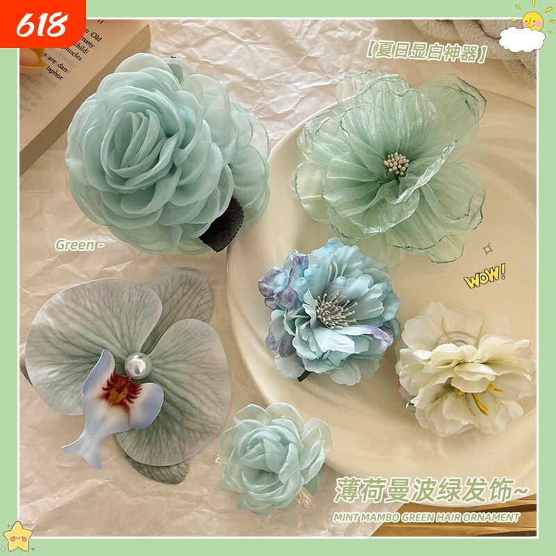 头花薄荷绿抓夹发饰2025新款簪花发夹侧边刘海夹发卡绿色花头饰女