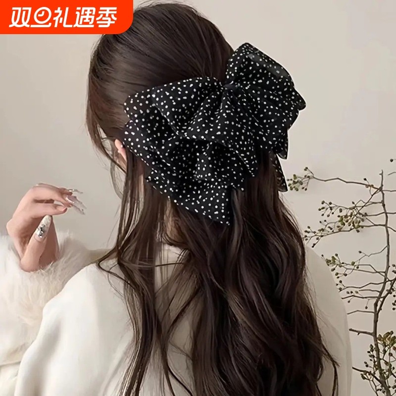 波点蝴蝶结双层网纱马尾夹盘发雪纺半扎发后脑勺鲨鱼夹抓夹发饰女