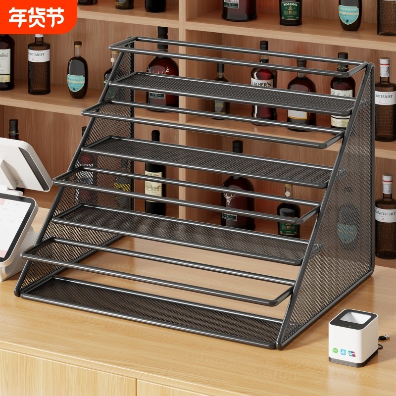 阶梯式铁艺饮料置物架收银台摆放展示架便利店柜台零食小货架储物