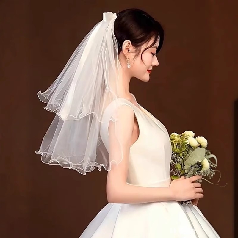 新娘头纱头饰超仙结婚拍照道具短款森系婚纱头纱领证白色头纱简约