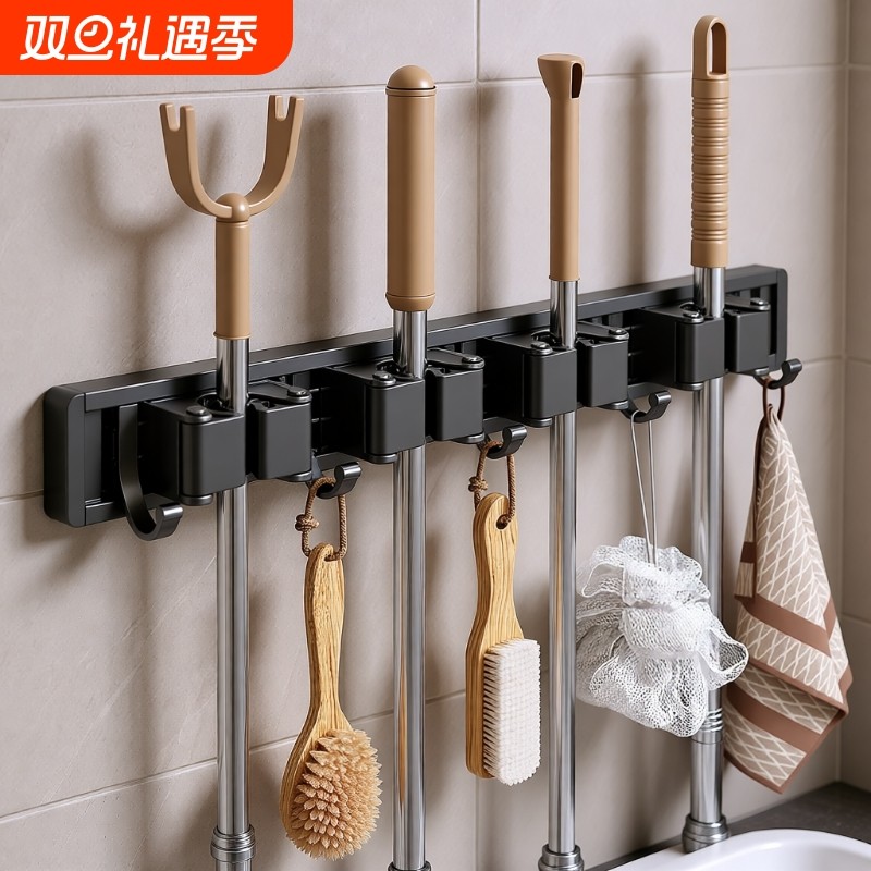 百悍拖把架挂钩免打孔壁挂夹门后挂衣架收纳挂衣钩浴室卡扣承重