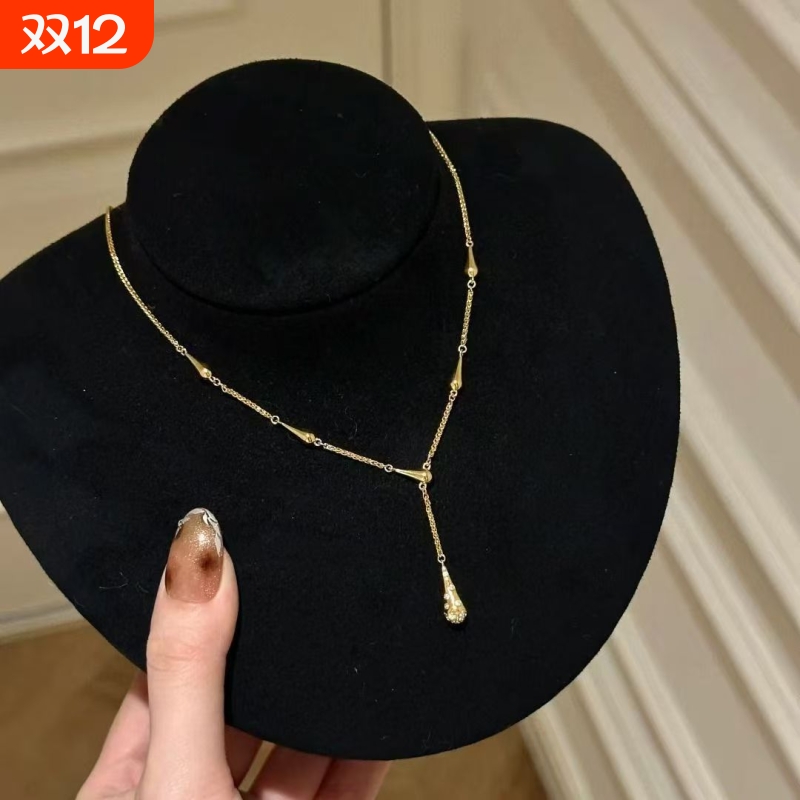 中古金色小蛮腰水滴项链轻奢复古简约设计秋冬气质百搭毛衣链多层