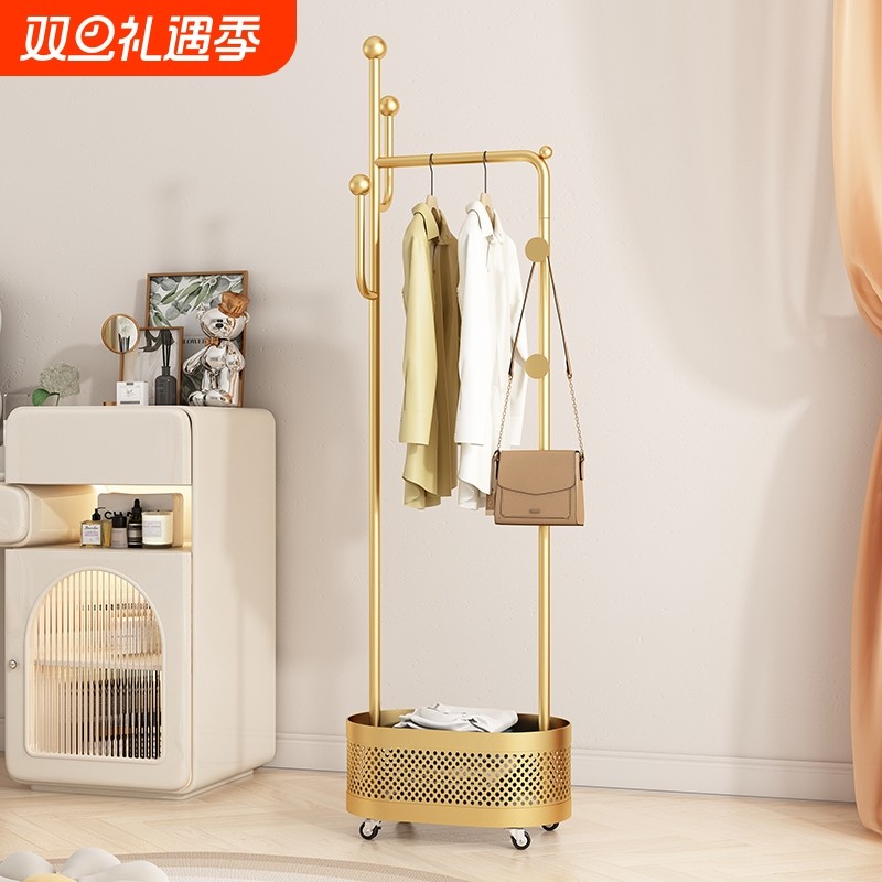 衣帽架落地卧室移动挂衣架带脏衣篓家用衣服收纳架床边放衣服神器