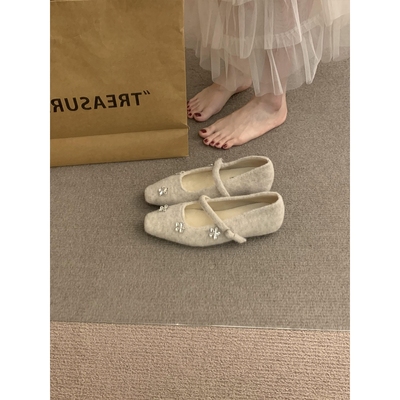 内增高复古晚风气质水钻一字带毛毛单鞋女鞋秋冬款配裙子玛丽珍鞋