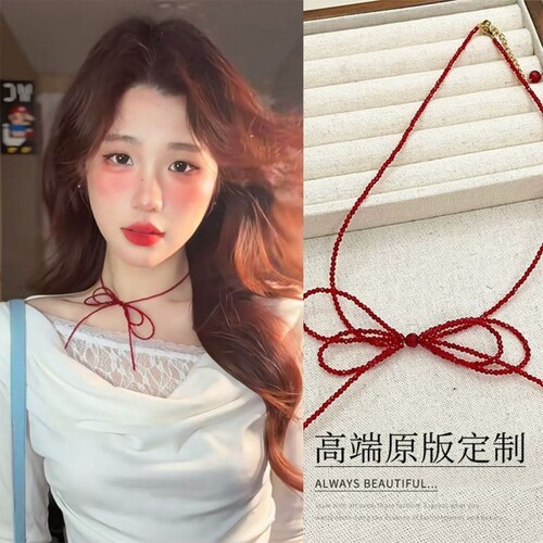 波嬉风!红色串珠蝴蝶结项链choker颈部配饰锁骨链女款2025年新款