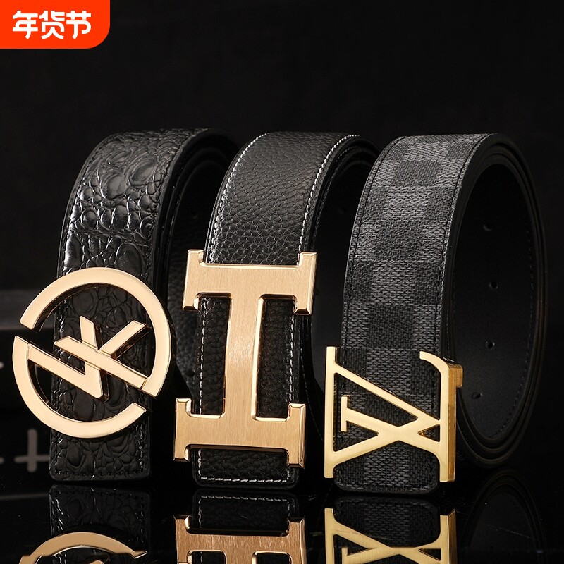 男仕皮带男士真皮腰带年轻人牛皮字母奢侈品商务个性老花平滑扣