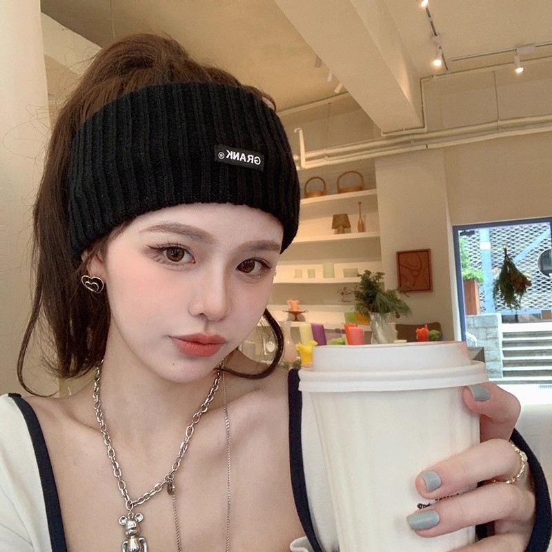 2025女款秋冬季针织发带女头巾毛线帽子月子头套运动黑色冷帽加宽